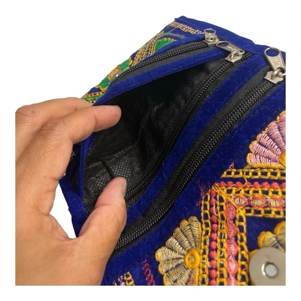Traditional Ethnic Asian Velvet Mobile / Money Purse/ Bag With Flower Embroidery